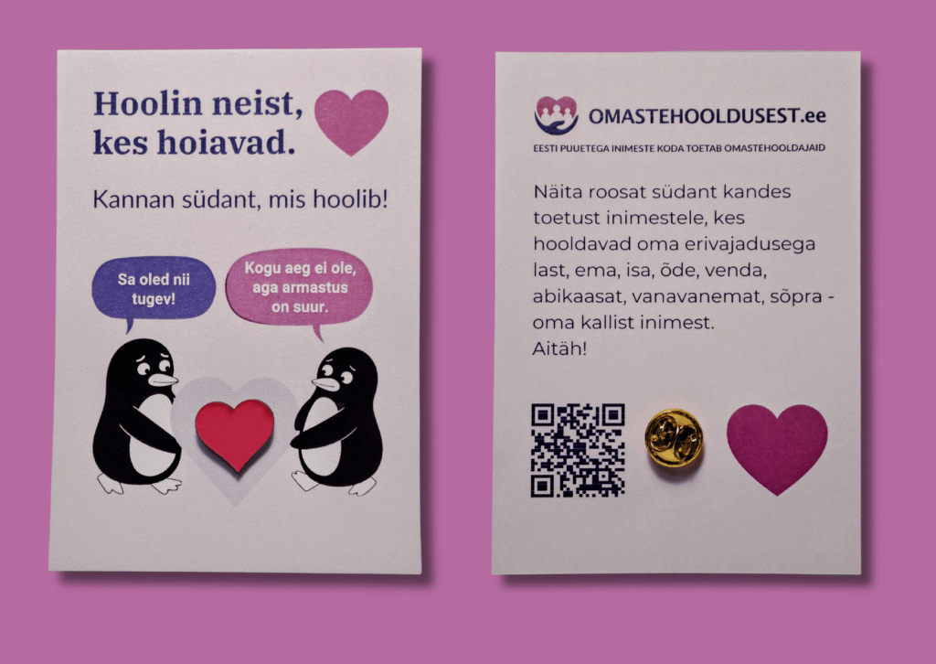 Kaart „Hoolin neist, kes hoiavad.“ koos roosa südamega rinnamärgiga, kaardi esi- ja tagakülg